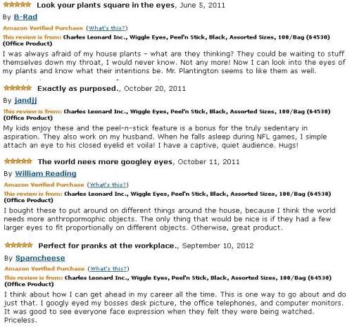Several awesome reviews of stick-on googly eyes.